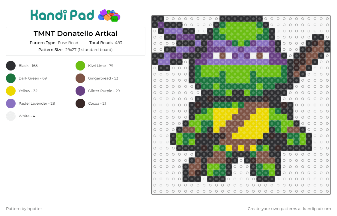 TMNT Donatello Artkal - Fuse Bead Pattern by hpotter on Kandi Pad - donatello,tmnt,teenage mutant ninja turtles,martial arts,ninja,hero,purple,green