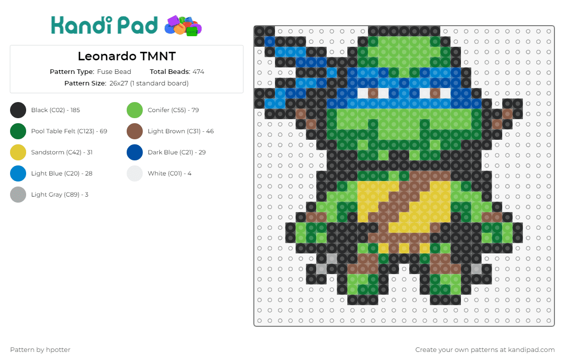 Leonardo TMNT - Fuse Bead Pattern by hpotter on Kandi Pad - leonardo,tmnt,teenage mutant ninja turtles,homage,vibrant,bold,classic,animated,hero,green