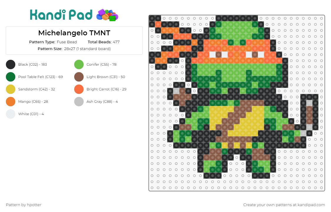 Michelangelo TMNT - Fuse Bead Pattern by hpotter on Kandi Pad - michelangelo,tmnt,teenage mutant ninja turtles,fun-loving,detailed,collectors,enthusiasts,series,green