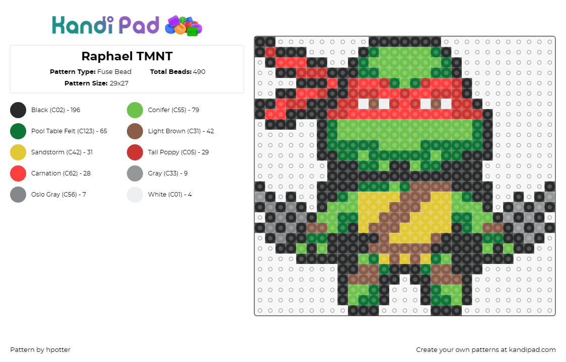 Raphael TMNT - Fuse Bead Pattern by hpotter on Kandi Pad - raphael,tmnt,teenage mutant ninja turtles,playful,nostalgic,retro,green