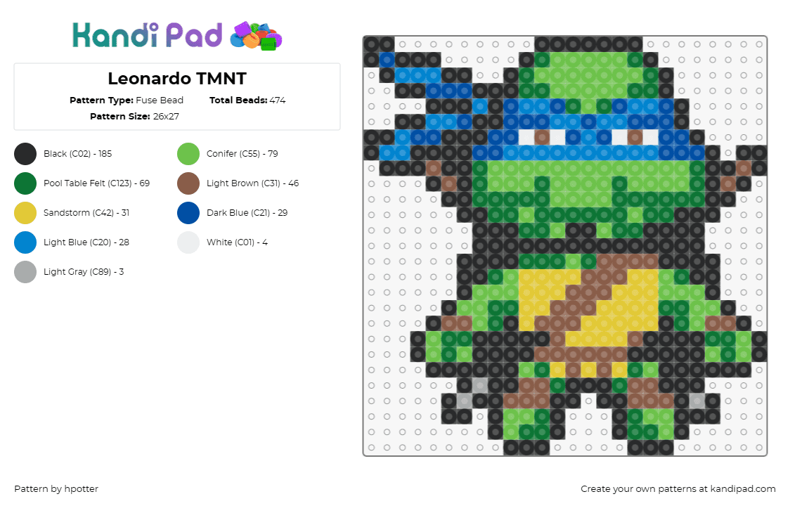 Leonardo TMNT - Fuse Bead Pattern by hpotter on Kandi Pad - leonardo,tmnt,teenage mutant ninja turtles,vibrant,bold,classic,animated,hero,gr