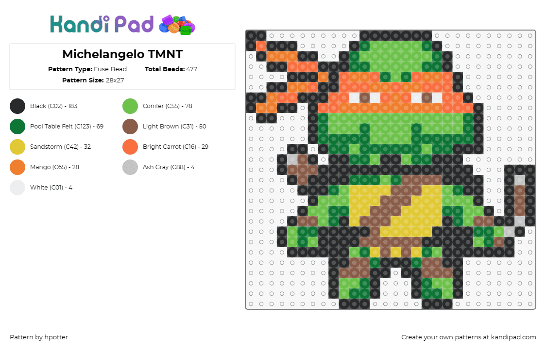 Michelangelo TMNT - Fuse Bead Pattern by hpotter on Kandi Pad - michelangelo,tmnt,teenage mutant ninja turtles,fun-loving,detailed,collectors,se