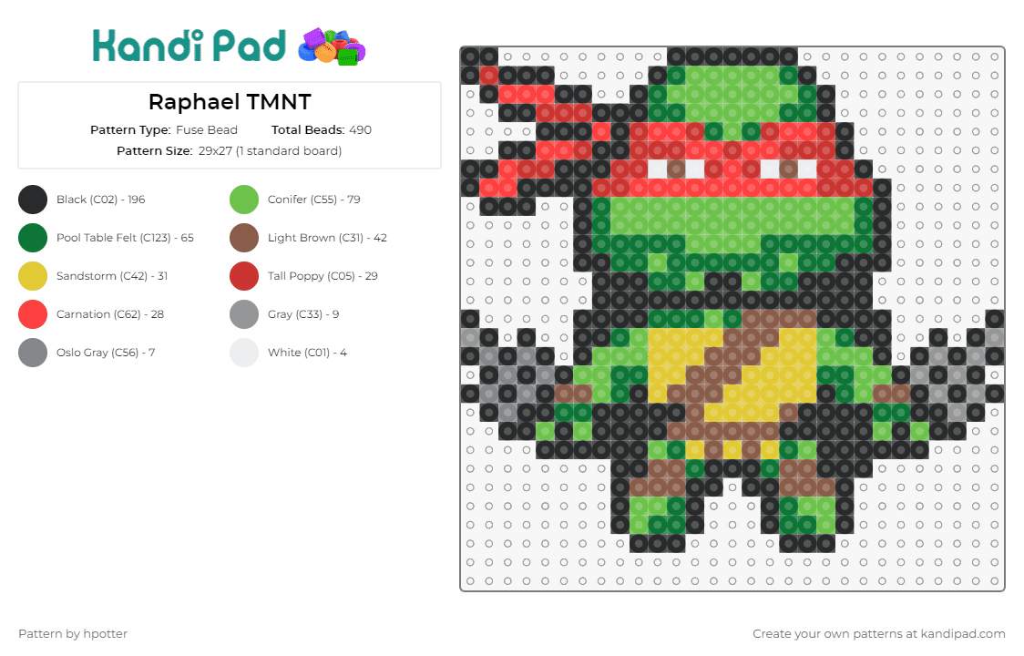 Raphael TMNT - Fuse Bead Pattern by hpotter on Kandi Pad - raphael,tmnt,teenage mutant ninja turtles,tribute,iconic,vivid,playful,nostalgic,retro,green