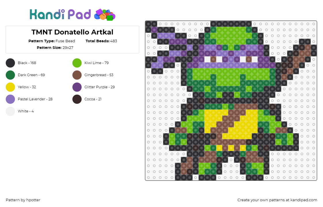 TMNT Donatello Artkal - Fuse Bead Pattern by hpotter on Kandi Pad - donatello,tmnt,teenage mutant ninja turtles,martial arts,ninja,hero,purple,green