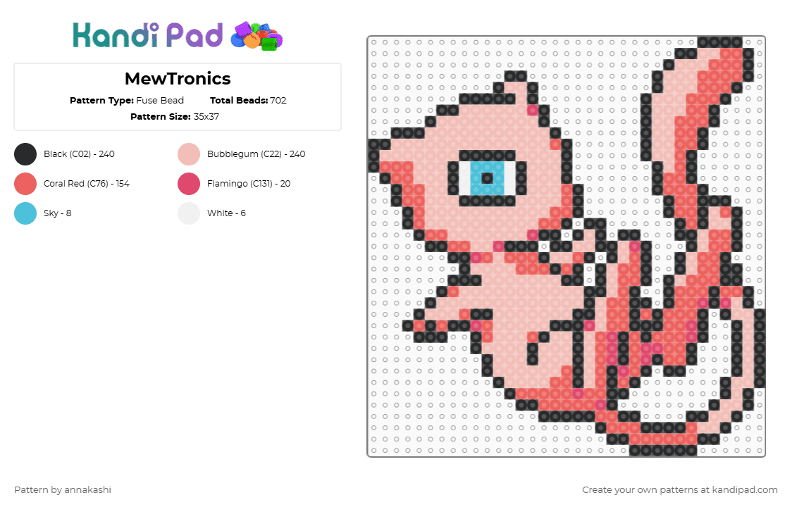 MewTronics - Fuse Bead Pattern by annakashi on Kandi Pad - mew,subtronics,mashup,edm,pokemon,mewtronics,mewtwo,music,gaming,video game,beige,red