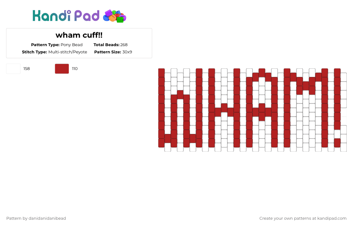 wham cuff!! - Pony Bead Pattern by danidanidanibead on Kandi Pad - white,red,1980s,music,pop,british,wham