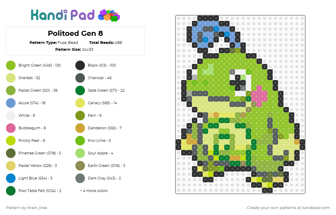Politoed Gen 8 - Fuse Bead Pattern by brain_tree on Kandi Pad - green,pink,yellow,pokemon,gaming,character,cute,frog