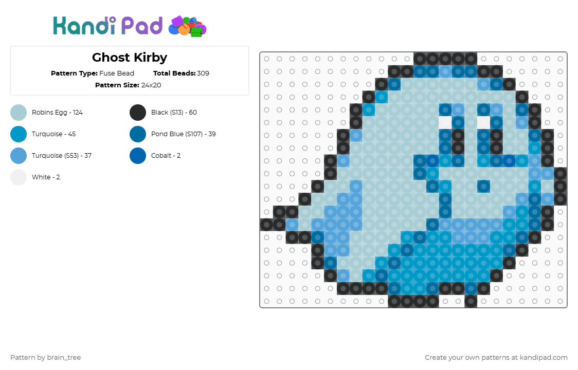 Ghost Kirby - Fuse Bead Pattern by brain_tree on Kandi Pad - light blue,kirby,ghost,white,spooky,halloween,gaming,cute