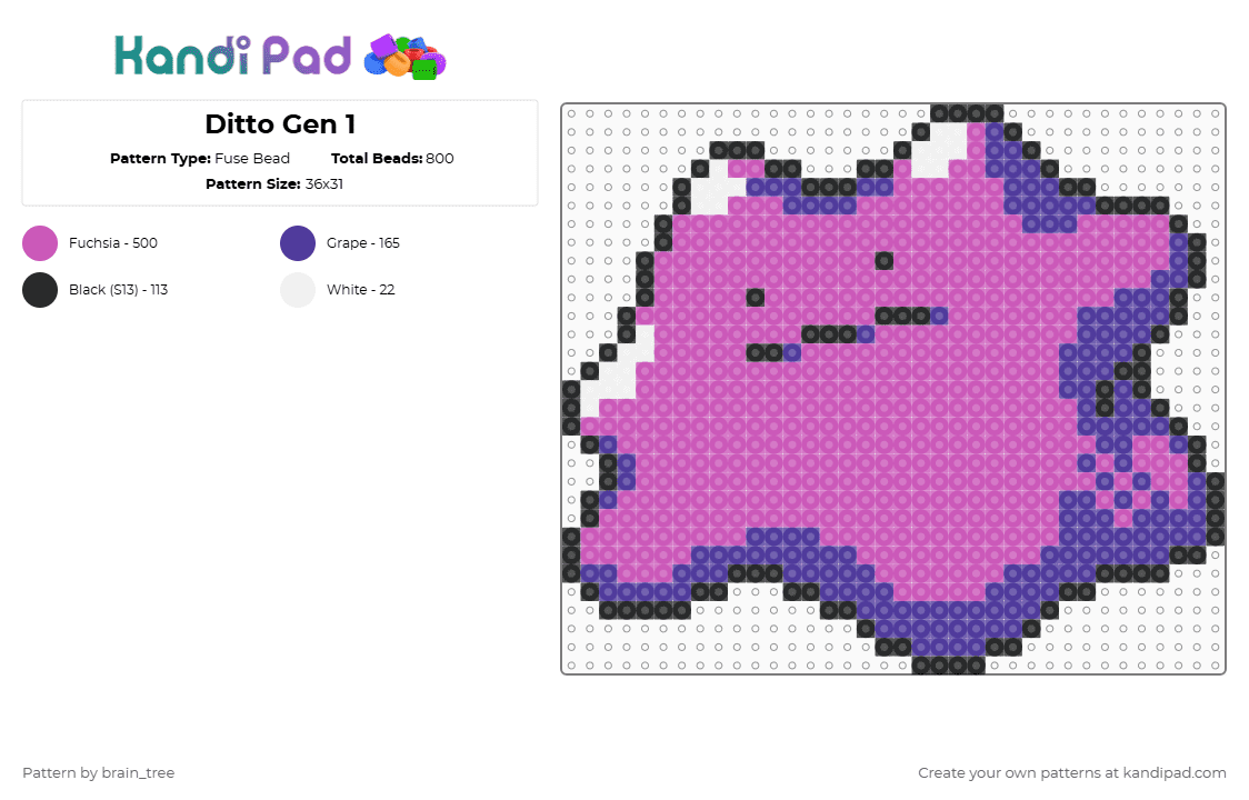 Ditto Gen 1 - Fuse Bead Pattern by brain_tree on Kandi Pad - pink,pokemon,characters,gaming,cute