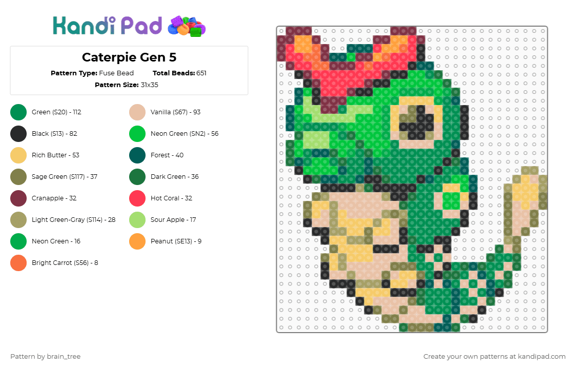 Caterpie Gen 5 - Fuse Bead Pattern by brain_tree on Kandi Pad - green,gold,beige,pokemon,cute