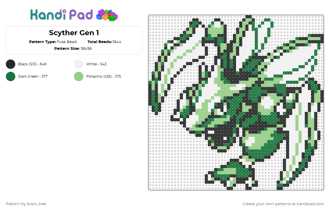 Scyther Gen 1 - Fuse Bead Pattern by brain_tree on Kandi Pad - green,teal,pokemon,gaming