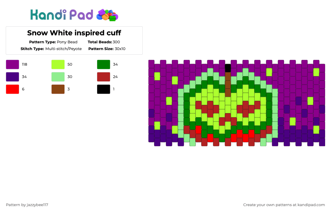Snow White inspired cuff - Pony Bead Pattern by jazzybee117 on Kandi Pad - green,pink