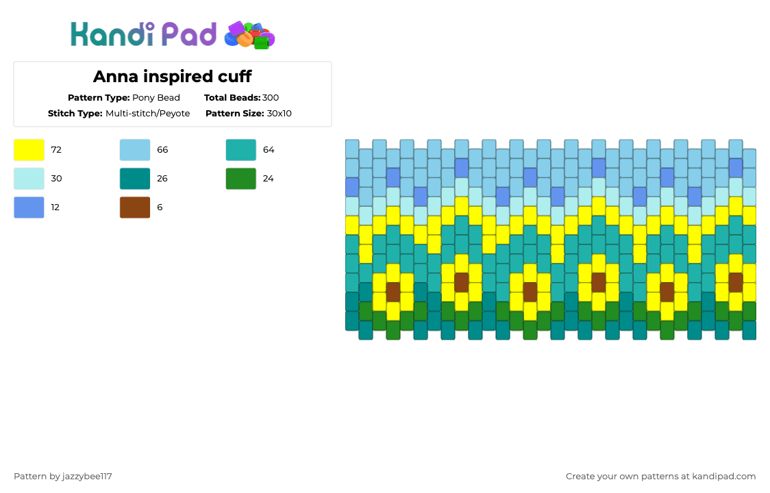 Anna inspired cuff - Pony Bead Pattern by jazzybee117 on Kandi Pad - light blue,yellow,teal