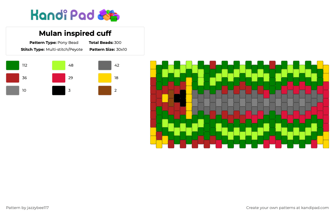 Mulan inspired cuff - Pony Bead Pattern by jazzybee117 on Kandi Pad - green