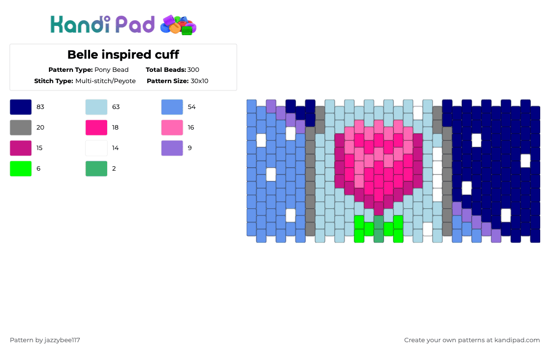 Belle inspired cuff - Pony Bead Pattern by jazzybee117 on Kandi Pad - light blue,purple
