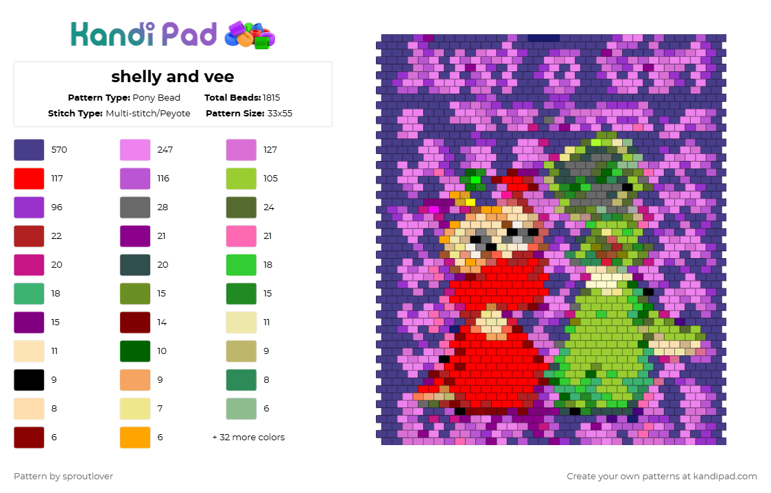shelly and vee - Pony Bead Pattern by sproutlover on Kandi Pad - green, pink, purple, red