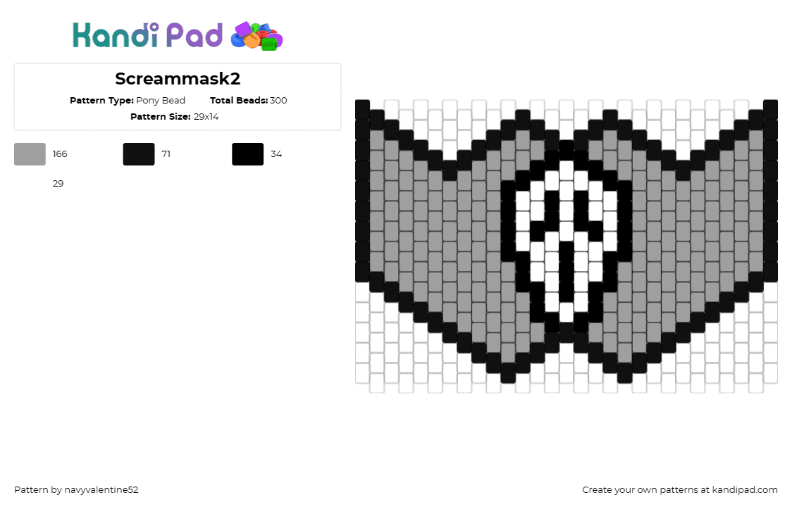 Screammask2 - Pony Bead Pattern by navyvalentine52 on Kandi Pad - scream,ghostface,horror,mask,cinematic,terror,chilling,thriller,white,gray