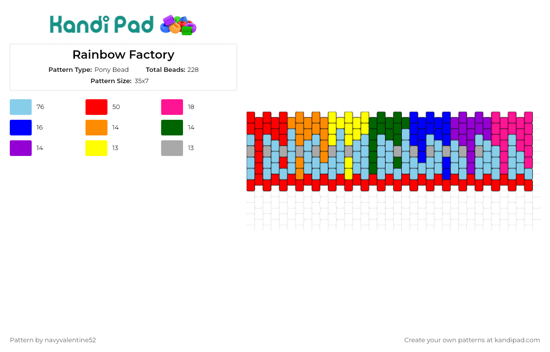 Rainbow Factory - Pony Bead Pattern by navyvalentine52 on Kandi Pad - drippy,rainbow,cuff,spectrum,waterfall,vibrant,cascading,multicolored,collection