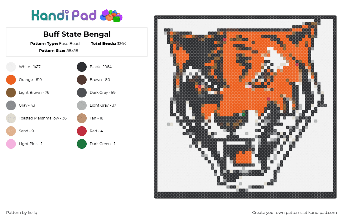 Buff State Bengal - Fuse Bead Pattern by kellq on Kandi Pad - buffalo,bengal tiger,new york,football,sports,fierce,team spirit,mascot,determin