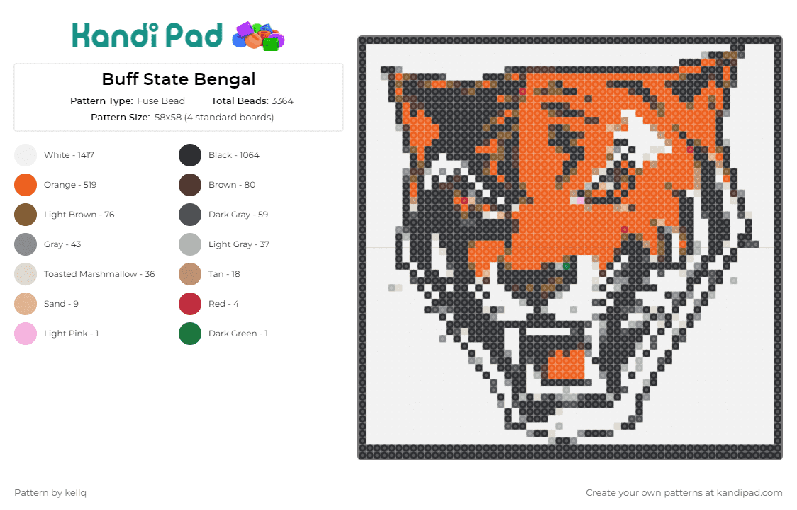 Buff State Bengal - Fuse Bead Pattern by kellq on Kandi Pad - buffalo,bengal tiger,new york,football,sports,fierce,team spirit,mascot,determination,orange