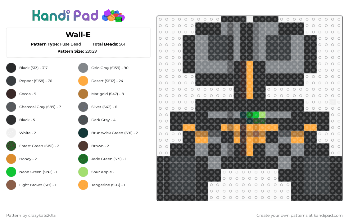 Wall-E - Fuse Bead Pattern by crazykats2013 on Kandi Pad - walle,small,cute,disney