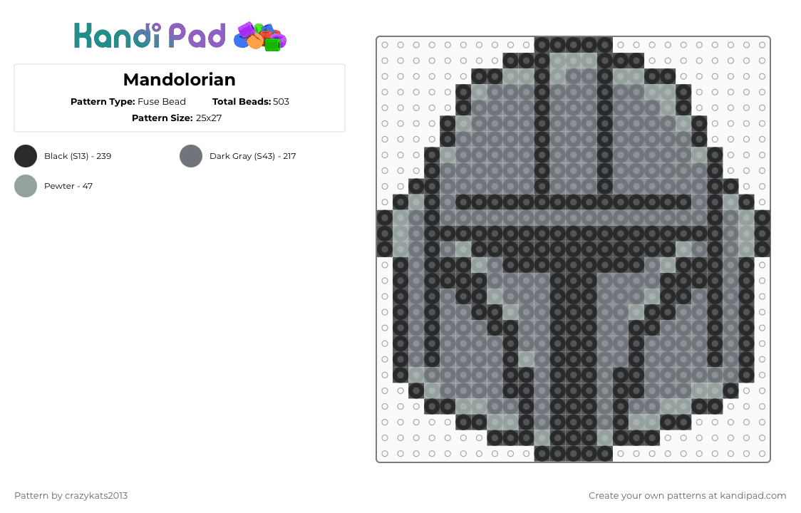 Mandolorian - Fuse Bead Pattern by crazykats2013 on Kandi Pad - black,gray,mandolorian,the child,star wars,din djarin