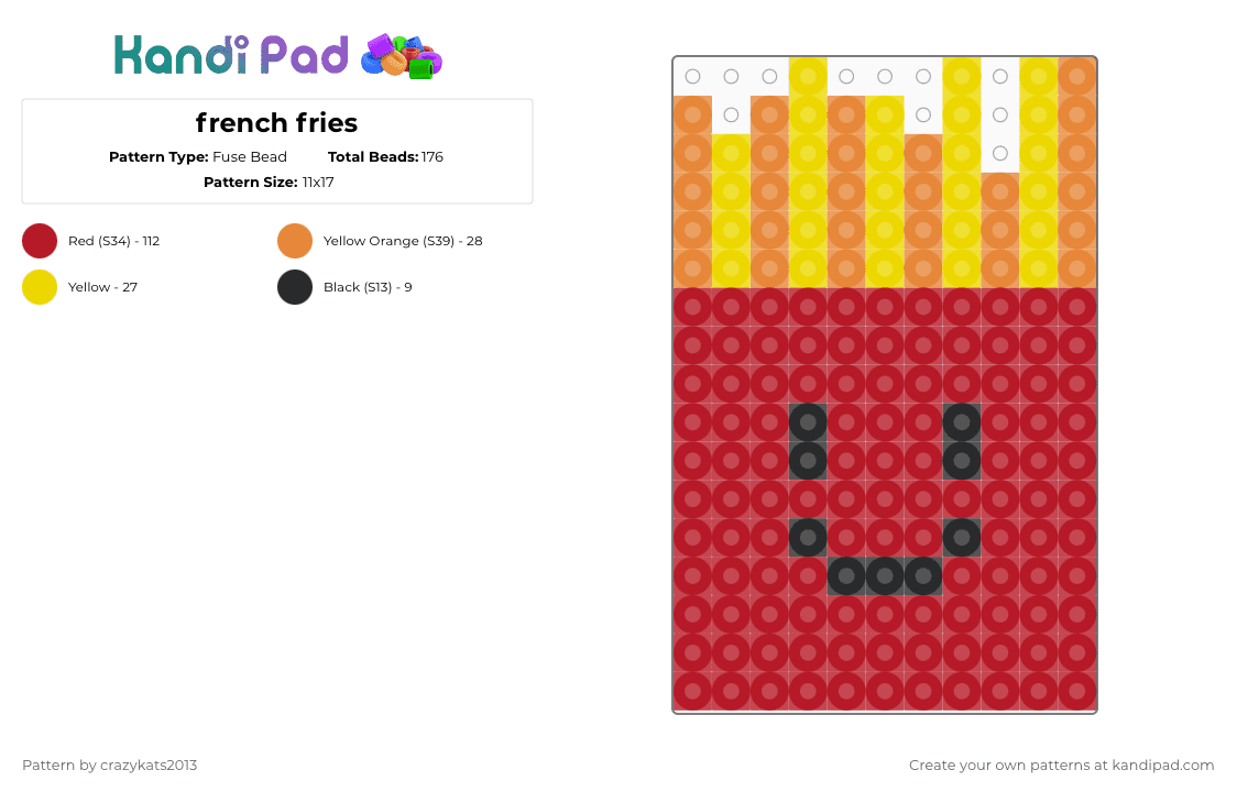 french fries - Fuse Bead Pattern by crazykats2013 on Kandi Pad - cute, food, french fries, red
