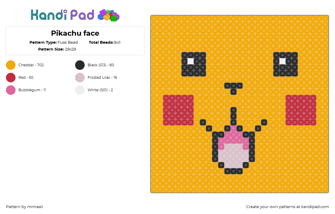 Pikachu face - Fuse Bead Pattern by mrinaali on Kandi Pad - pikachu,pokemon,face,happy,cute,panel,gaming,yellow,pink