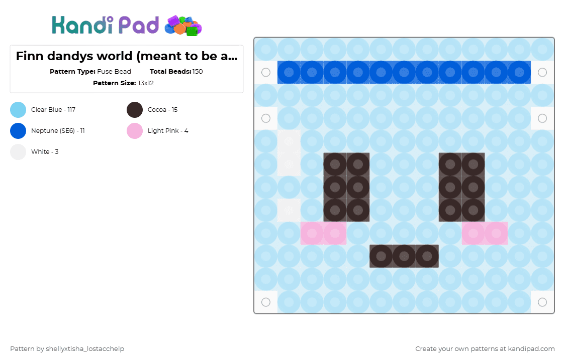 Finn dandys world (meant to be a charm) - Fuse Bead Pattern by g1g1th3g4mb13r_xdrobloxdisplay on Kandi Pad - light blue,finn,dandys world,game,roblox,charm,fuse bead,kandi pad,cute