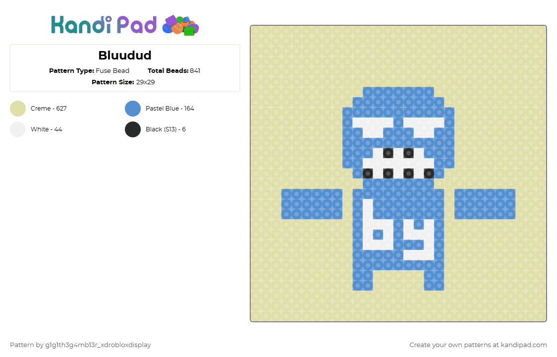 stop looking at this (check dsp for nother version of bludud i made) - Fuse Bead Pattern by g1g1th3g4mb13r_xdrobloxdisplay on Kandi Pad - bluudud,forsaken,roblox,game,blue,kandi pad,fuse bead,silly,yellow