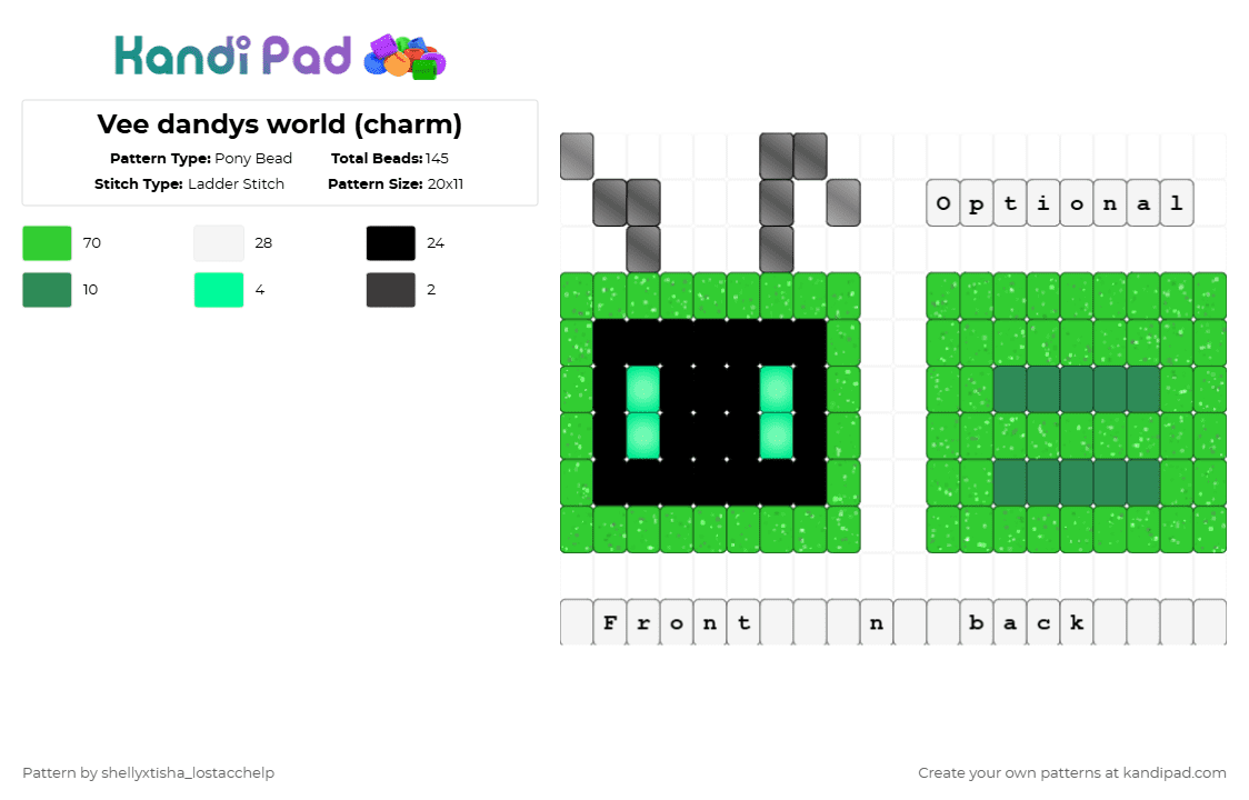 Vee dandys world (charm) - Pony Bead Pattern by g1g1th3g4mb13r_xdrobloxdisplay on Kandi Pad - green,vee,dandys world,game,roblox,tv,toon,charm,pony bead