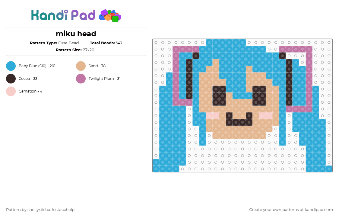 miku head - Fuse Bead Pattern by g1g1th3g4mb13r_xdrobloxdisplay on Kandi Pad - beige,light blue,miku,cyan hair,head,lazy post,plushie,cute,pink blush,kandi pad