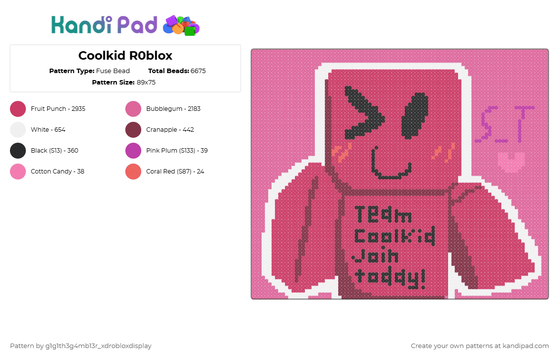 Coolkid R0blox - Fuse Bead Pattern by g1g1th3g4mb13r_xdrobloxdisplay on Kandi Pad - coolkid,forsaken,roblox,game,hacker,art,kandi pad,fuse bead