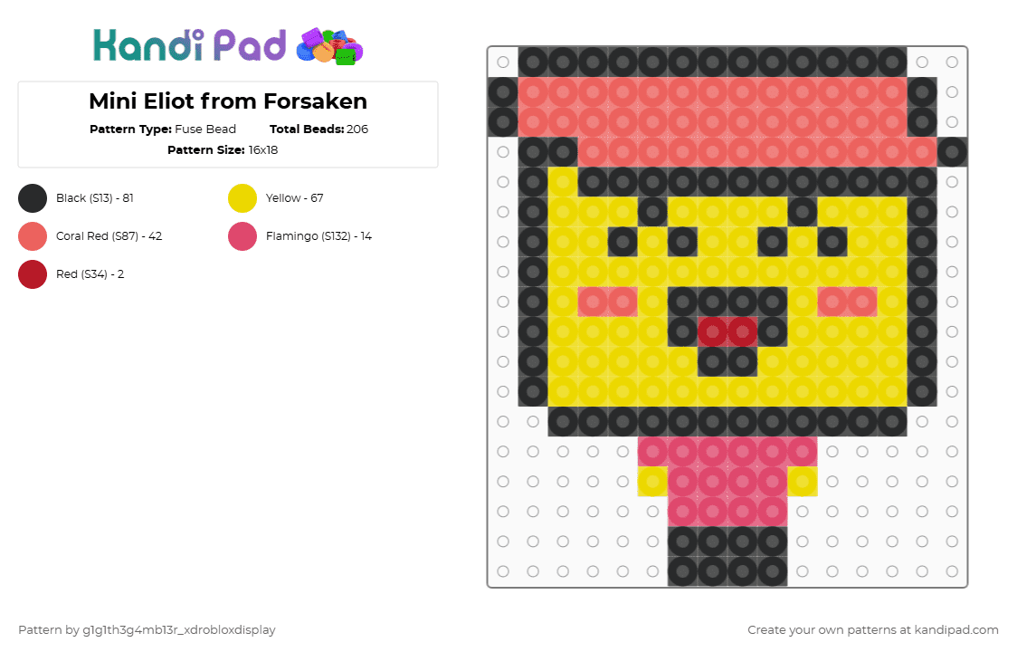 Mini Eliot from Forsaken - Fuse Bead Pattern by g1g1th3g4mb13r_xdrobloxdisplay on Kandi Pad - red,yellow,forsaken,eliot,roblox,game,pizza,kandi pad,fuse bead,cute