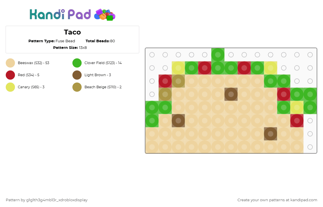 Taco - Fuse Bead Pattern by g1g1th3g4mb13r_xdrobloxdisplay on Kandi Pad - beige,green,cotdtacos