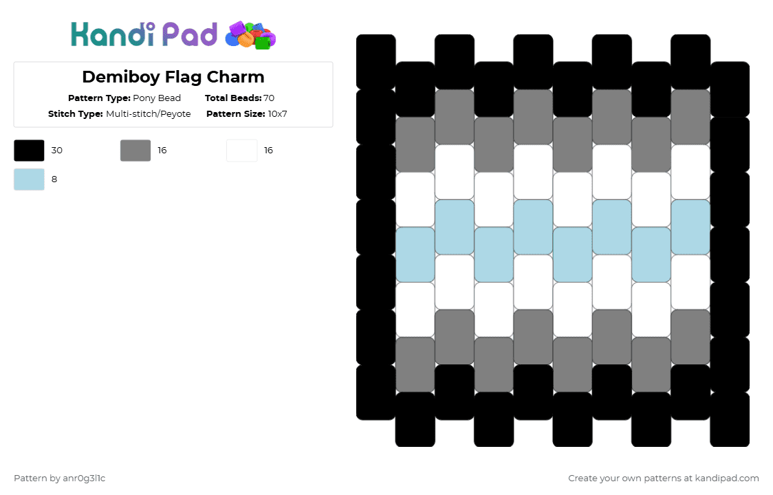 Demiboy Flag Charm - Pony Bead Pattern by anr0g3l1c on Kandi Pad - gray,light blue,demiboy,pride,kandi,charm,anr0g3l1c