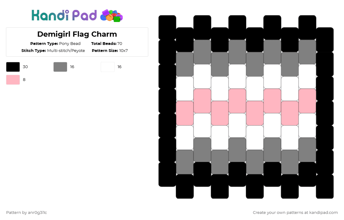 Demigirl Flag Charm - Pony Bead Pattern by anr0g3l1c on Kandi Pad - gray,pink,demigirl,pride,charm,kandi,anr0g3l1c