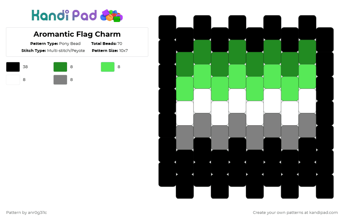 Aromantic Flag Charm - Pony Bead Pattern by anr0g3l1c on Kandi Pad - black,green,gray,aromantic,pride,pridemonth,charm,flatcharm,anr0g3l1c