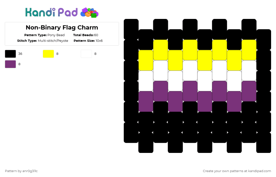 Non-Binary Flag Charm - Pony Bead Pattern by anr0g3l1c on Kandi Pad - black,yellow,pink,nonbinary,pride,pridemonth,anr0g3l1c,charm,flatcharm