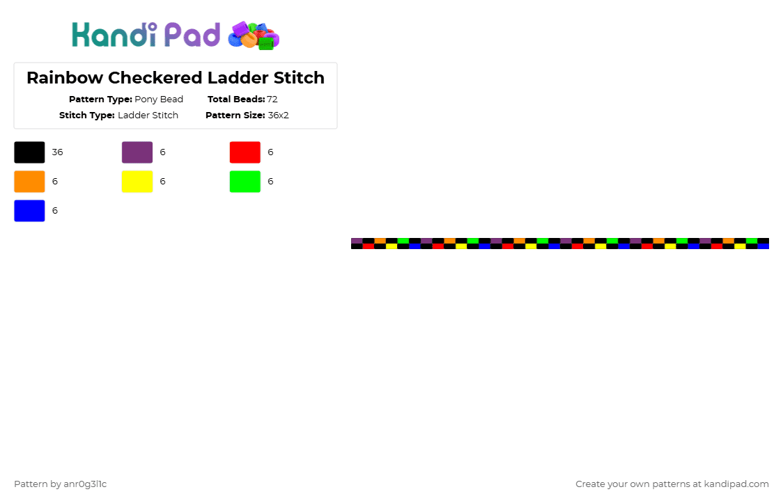 Rainbow Checkered Ladder Stitch - Pony Bead Pattern by anr0g3l1c on Kandi Pad - black,red,yellow,purple,colorful,rainbow,checkered,ladderstitch