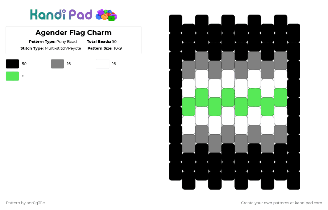Agender Flag Charm - Pony Bead Pattern by anr0g3l1c on Kandi Pad - black,gray,green,agender,pride,anr0g3l1c,charm,flatcharm