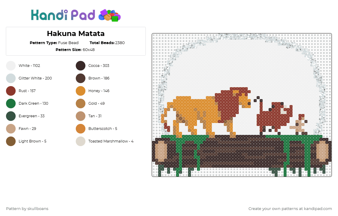 Hakuna Matata - Fuse Bead Pattern by skullboans on Kandi Pad - white,red,orange,brown,lion,king,lion king,hakuna matata,warthog,meerkat