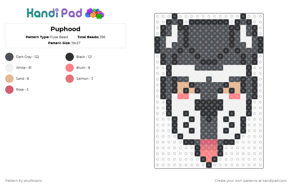 Puphood - Fuse Bead Pattern by skullboans on Kandi Pad - gray,furry,pup,mask,hood
