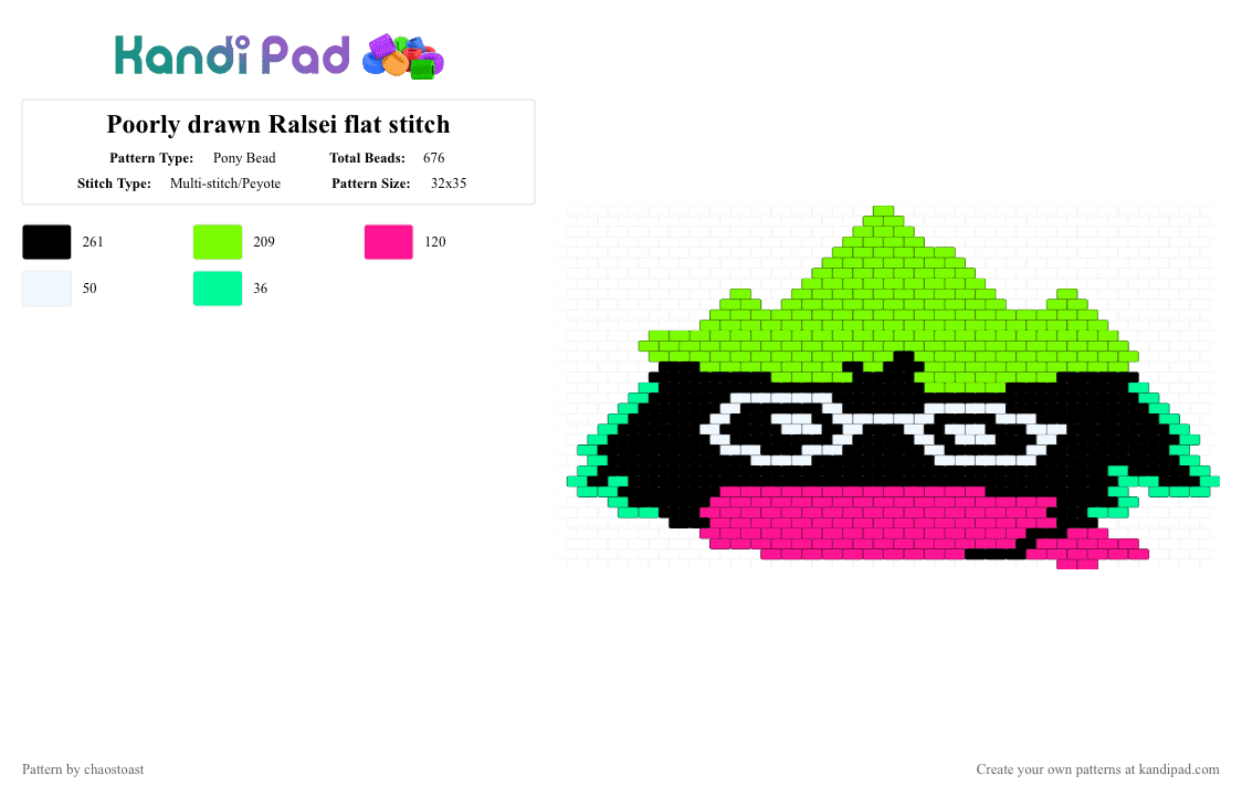 Poorly drawn Ralsei flat stitch - Pony Bead Pattern by chaostoast on Kandi Pad - green,pink,character,deltarune,ralsei,toby fox,pony bead,charm,flat stitch