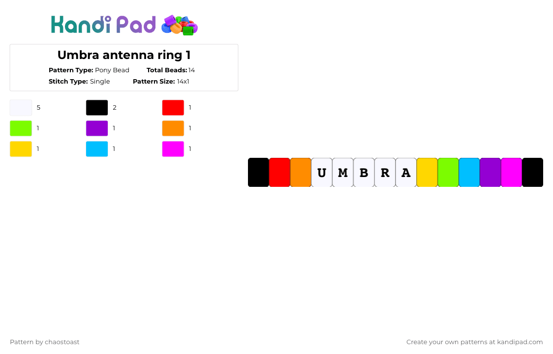 Umbra antenna ring 1 - Pony Bead Pattern by chaostoast on Kandi Pad - white,green,orange,light blue,colorful