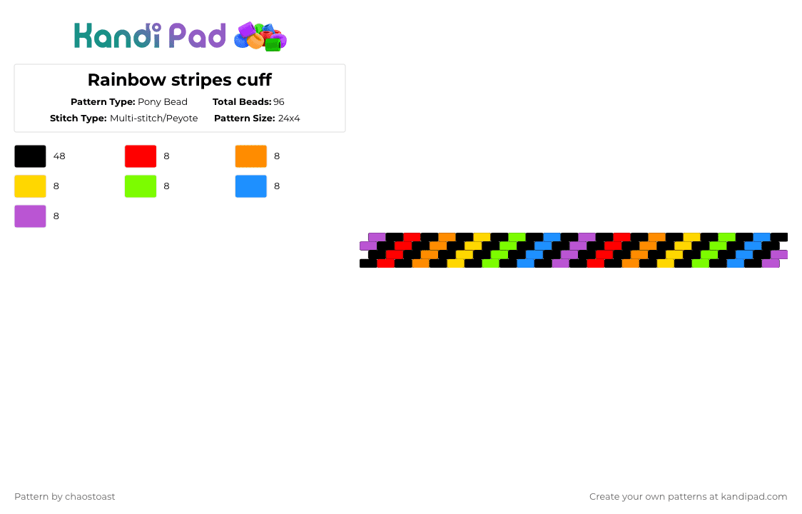 Rainbow stripes cuff - Pony Bead Pattern by chaostoast on Kandi Pad - black,orange,green,pink,colorful
