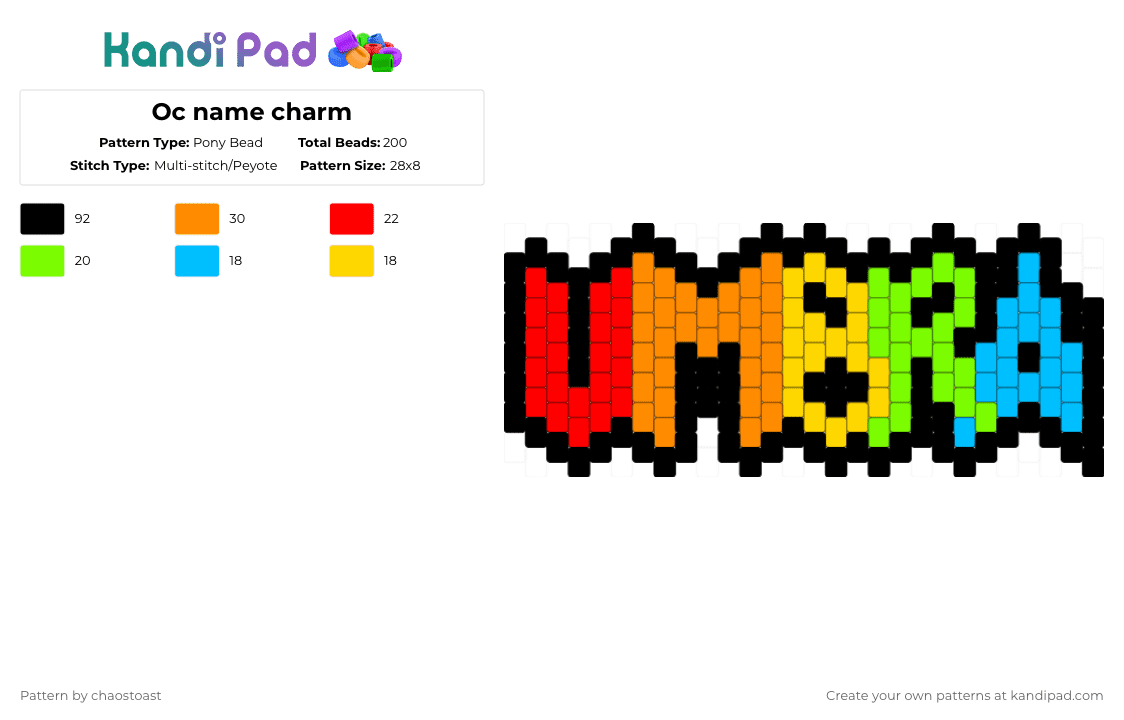 Oc name charm - Pony Bead Pattern by chaostoast on Kandi Pad - black,green,orange,red