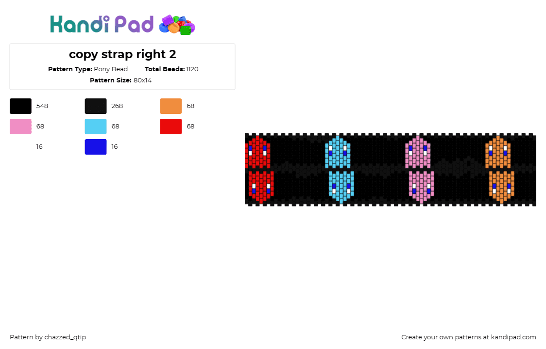 copy strap right 2 - Pony Bead Pattern by chazzed_qtip on Kandi Pad - pacman,ghosts,arcade,cuff,retro,gaming,characters,vibrant,colorful,black