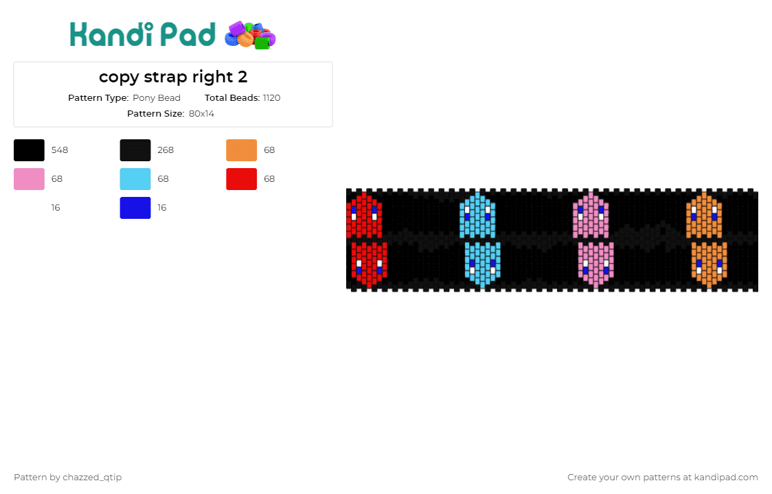 copy strap right 2 - Pony Bead Pattern by chazzed_qtip on Kandi Pad - pacman,ghosts,arcade,cuff,retro,gaming,characters,tribute,vibrant,colorful,black