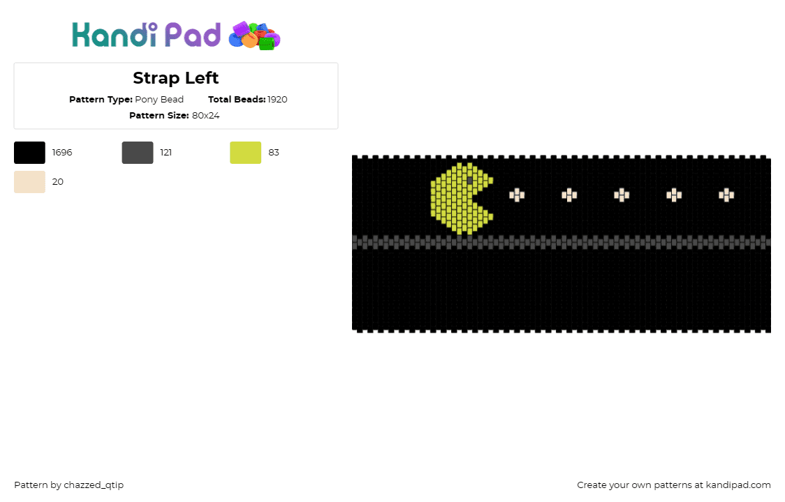 Strap Left - Pony Bead Pattern by chazzed_qtip on Kandi Pad - pacman,video game,arcade,golden era,classic,vibrant,black